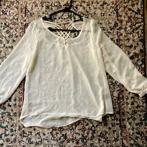 Large, off white, business casual Pearl branded blouse.